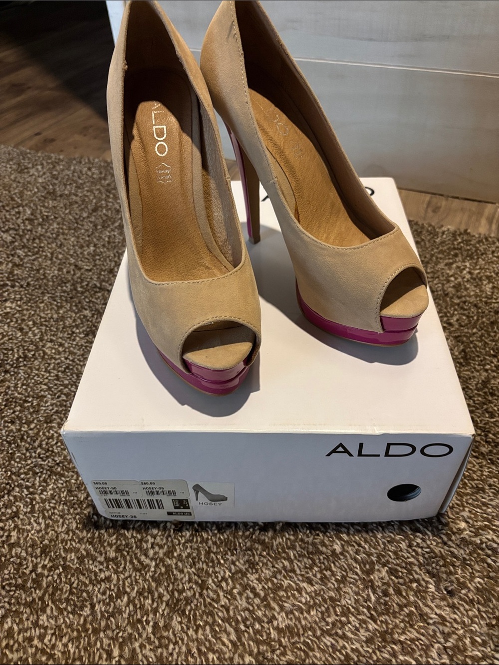 ALDO Beige Suede Peep-Toe Pumps with Pink Platform